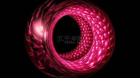 单色隔离背景，3D 渲染中带有粉红色发光的圆形分形环面和门户
