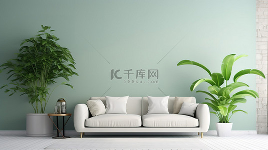 绿色简约家居背景图片_宁静客厅的 3D 渲染，配有绿色墙壁模型，配有简约沙发和茂盛的热带植物