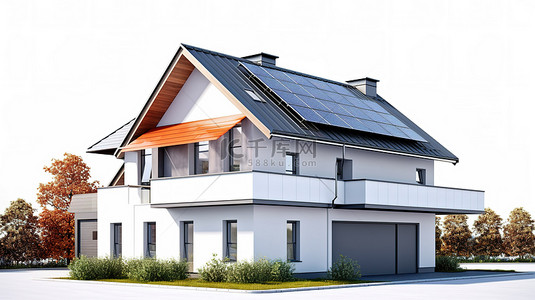太阳能房子背景图片_白色背景的住宅楼，带有 3D 渲染的太阳能电池板屋顶，适合生态友好的生活