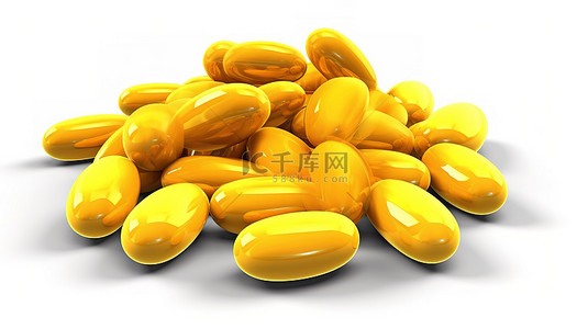 黄色膳食补充剂分离维生素丸白色背景 3D 插图
