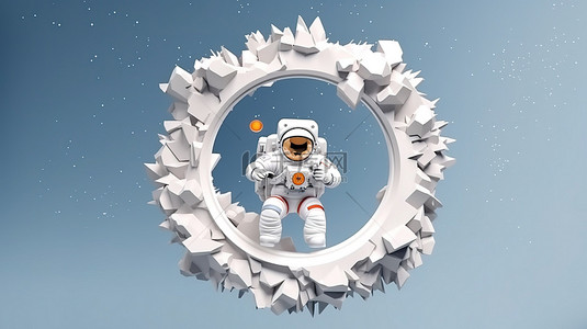 白洞背景中的 3D 渲染纸艺术宇航员和宇宙飞船