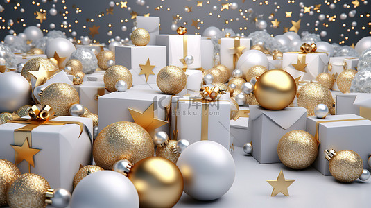 球星背景图片_金色 3D 圣诞球星星树完美的节日礼物，配有五彩纸屑和装饰品