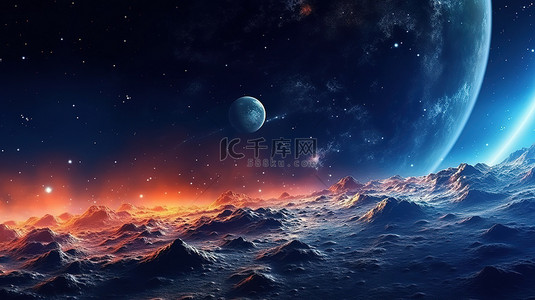 卡通星球太空背景图片_宽敞的星系背景中行星和恒星的 3D 插图