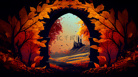 秋天落叶石门背景