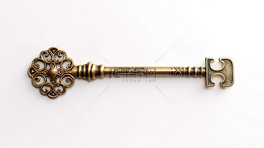 白色背景上旧青铜古董钥匙的 3D 渲染