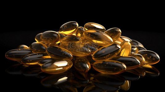 3d 渲染营养补充剂 omega 3 omega 6 omega 9 维生素 d 和鱼肝油胶囊在黑色背景