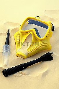 沙滩上的一套黄色水肺潜水设备，配有通气管和吹嘴