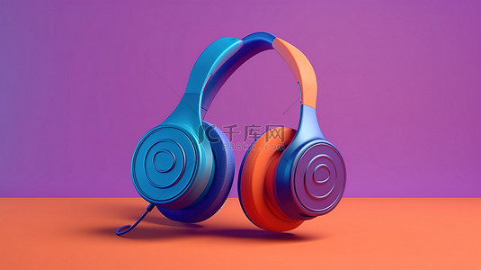 蓝色和紫色隔离背景上的 3D 复古橙色耳机，带有图标