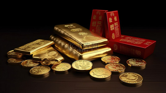 3D 渲染中的金色中国锭和硬币说明性渲染图像