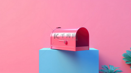 双色调风格模拟粉红色背景 3D 渲染图像上的开放蓝色邮箱