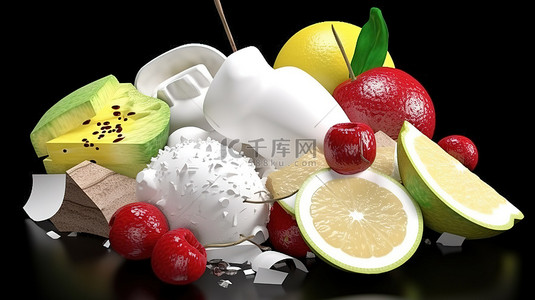 各种冰淇淋勺与椰子柠檬浆果和苹果 3d 渲染