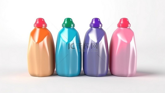 塑料瓶样机背景图片_各种颜色的充满活力的塑料瓶非常适合 3D 渲染的漂白液洗衣液或织物柔软剂