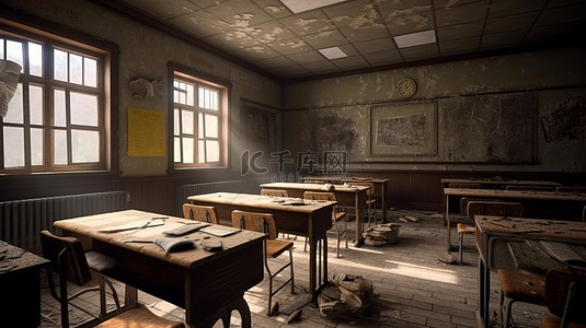 学校 3d 渲染中令人毛骨悚然令人毛骨悚然的教室