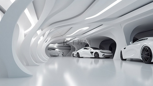 抽象圆形图案背景图片_抽象建筑的未来派 3D 渲染，白色混凝土地板非常适合展示汽车