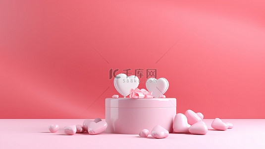 情人节庆祝活动 3D 插图，粉红色背景上的心形礼物和盒子，带文本空间