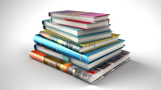 知识学习背景图片_丰富的知识堆积在白色背景 3D 插图上的教科书词典等