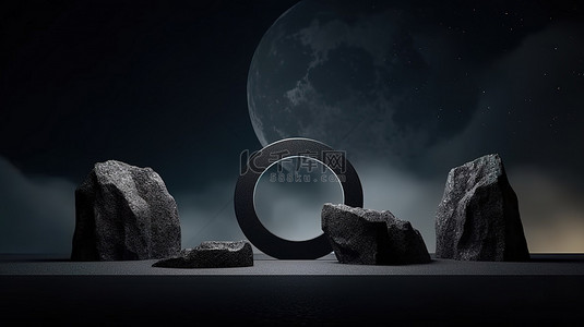 黑色几何石头和岩石形式的简约 3D 渲染在夜空背景下用于讲台展示或展示