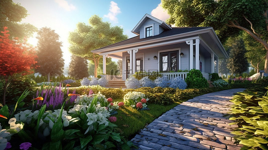 车库出售背景图片_阳光明媚的日子的 3D 渲染突出了房屋外部的美丽景观