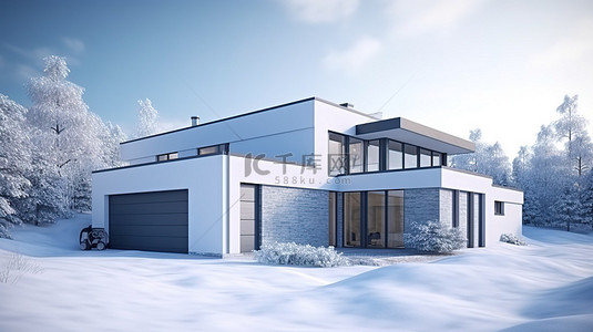 带车库和积雪覆盖的走道的现代房屋 3D 渲染插图