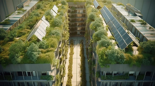 太阳能房屋背景图片_一个可持续的 3D 栖息地 一座由生活街区花园和太阳能电池板建造的建筑