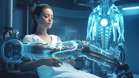 女性体检背景图片_利用 C 臂技术进行医疗诊断的女性机器人的 3D 渲染