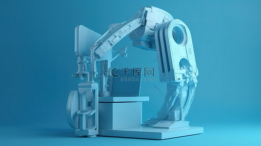 蓝色背景，显示器显示在 3D 渲染的 C 臂机器上
