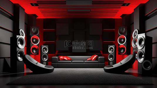 音乐主题背景图片_现代黑色主题内饰，配有超现代的黑色和红色扬声器系统以及令人惊叹的 3D 电视