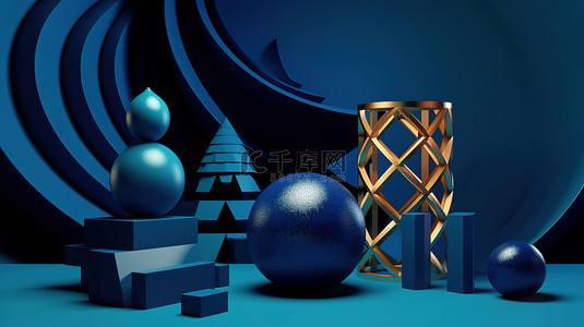 简约蓝色抽象几何背景图片_蓝色背景上 3D 渲染的简约概念抽象几何形状，具有球环立方体管柏拉图金字塔和 icosa
