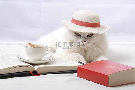 猫和咖啡背景图片_戴着帽子的白猫躺在桌上，桌上放着咖啡和书