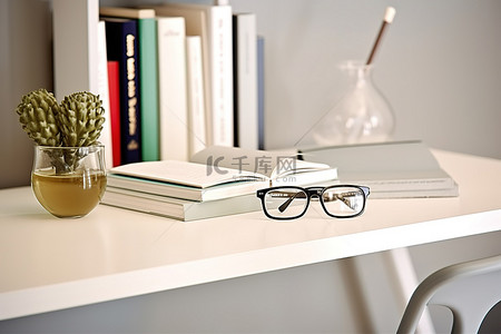 白色桌子上的书和眼镜