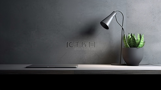绿色电脑背景背景图片_1 办公桌的真实 3D 渲染，配有电脑显示器台灯咖啡杯植物和混凝土墙