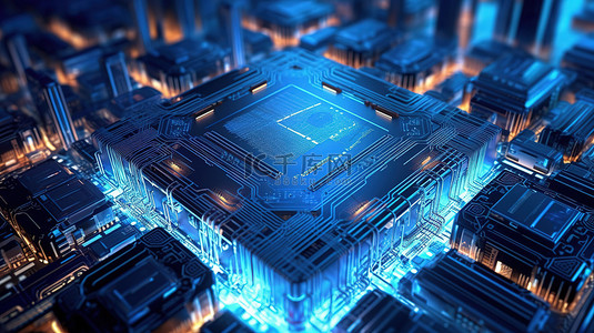 具有未来派发光蓝光 cpu 处理器的 3d 渲染主板电路板