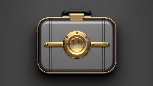 闪闪发光的金色公文包符号圆形灰色钥匙按钮 ui ux 设计元素的 3d 渲染