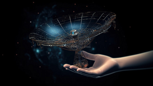 3d天字背景图片_3D 机器人手持有的卫星天线说明电信技术概念