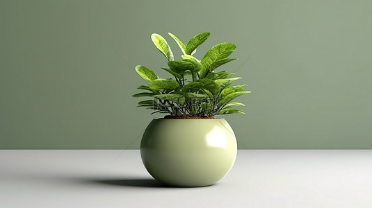 陶瓷花盆展示郁郁葱葱的绿色植物的 3D 渲染