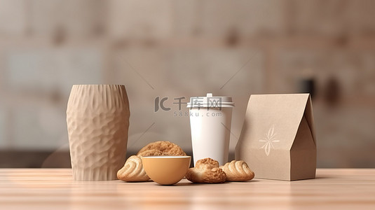 拿着咖啡杯背景图片_一对夫妇拿着咖啡杯和零食袋去的 3D 渲染