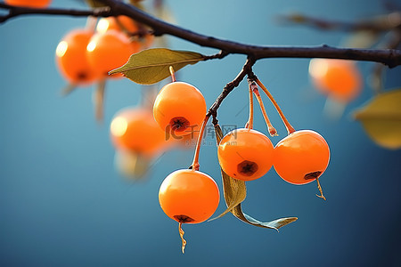 橙色浆果生长在有叶子的树枝上