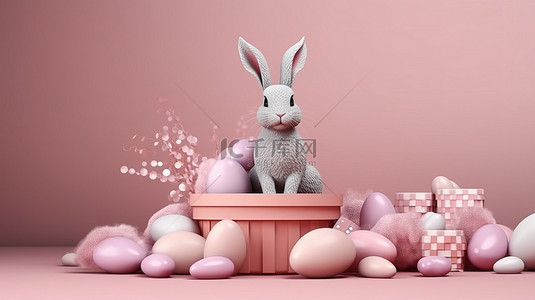 节日复活节假期背景，配有逼真的装饰 3D 兔子和礼物