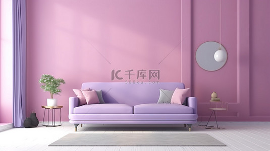 客厅紫色背景图片_柔和的客厅的 3D 渲染，配有充满活力的紫色沙发和彩色装饰墙元素