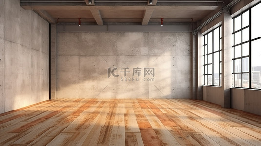 简约椅子背景图片_时尚的工业美学 3D 渲染简约房间，配有木地板和混凝土墙