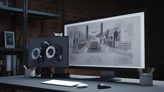 图形设计软件在工业工作区计算机屏幕上的可视化
