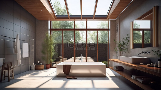 洗手场景背景图片_令人惊叹的 3D 室内场景和带浴缸木水槽和天窗的现代浴室模型