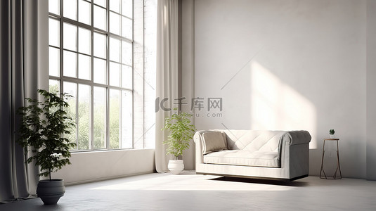 单人沙发时尚背景图片_时尚简约的内饰，配有单人沙发和大窗户 3D 可视化