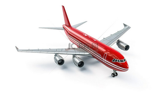 一架宽敞的红色飞机在白色隔离背景上的 3D 插图，载客量高