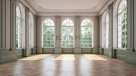 古典风格房间的 3D 渲染，内部宽敞，窗户宽敞