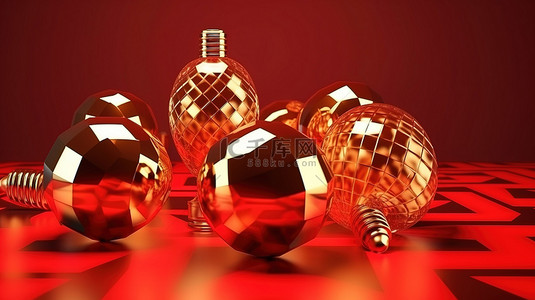 3D 渲染圣诞装饰品金色几何形状与红色灯泡