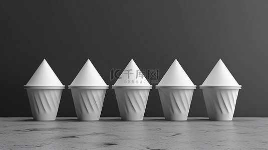 拿铁茶背景图片_六个纸杯模型的集合，带有金字塔形状的盖子，放置在 3D 渲染的灰色背景上