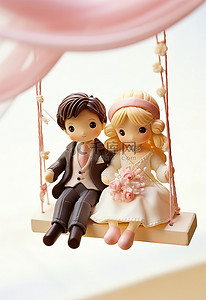 一张小照片，上面是一对情侣和一对带着粉色蝴蝶结和花瓣摇摆的情侣