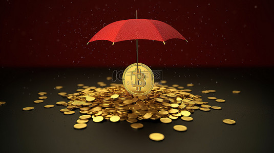 丰富的财富加密货币在雨伞的保护下像雨一样倾泻而出 3D 孤立插图