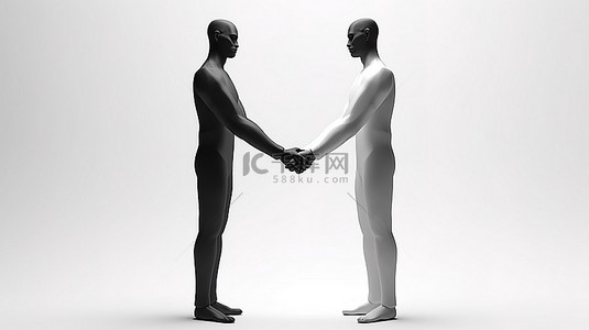 手握手背景图片_两只男性手在白色背景上颤抖的单色 3D 插图